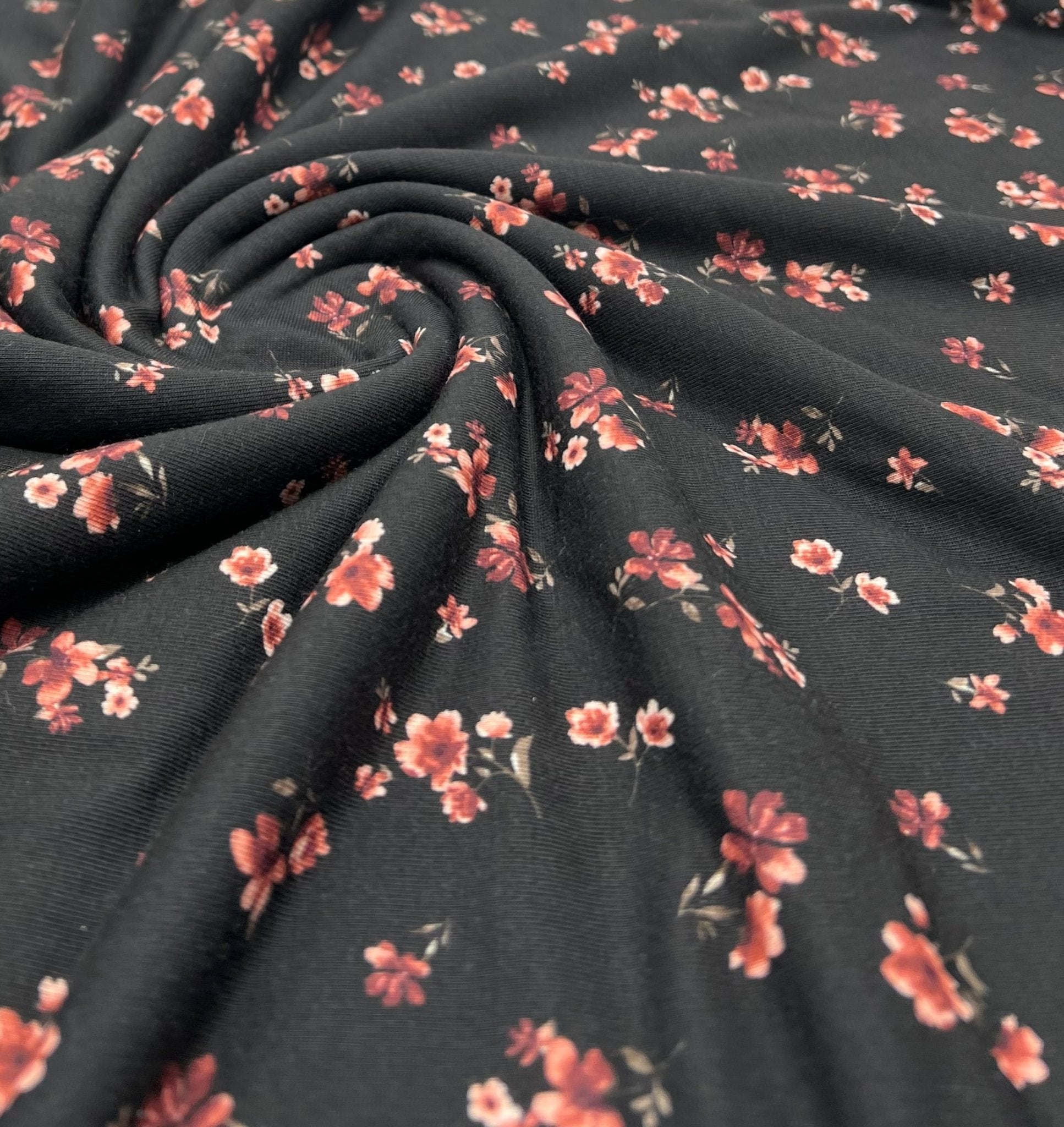 Black Ditsy Floral Rose Print Spun Poly Stretch Fabric - T9 Fabrics